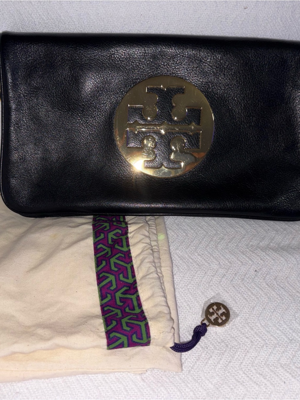 Tory Burch Black Fold Over Leather Clutch with Gold Logo Disc